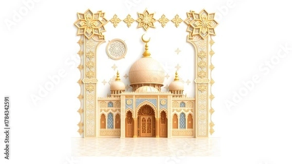 Fototapeta A highly detailed 3D Islamic background. Ornate golden mosque with dome and minarets, detailed floral patterns, bright lighting and soft shadows.