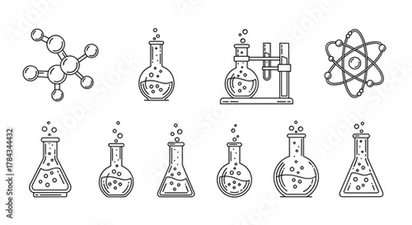 Obraz Modern line icon set representing chemistry and science, featuring a chemical compound, laboratory flasks with bubbles, an atom model, and various beakers, perfect for design, websites, apps, and