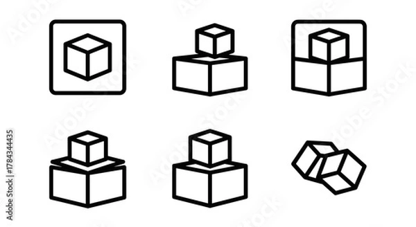 Obraz Set of six cube icons in outline style, presented in various arrangements including single cubes within frames, stacked cubes, and scattered cubes, ideal for graphic design, web, apps, and