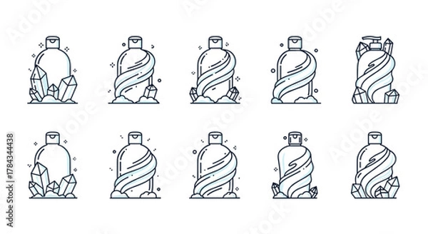 Obraz Collection of stylized outline icons depicting bottles of conditioner or lotion, some adorned with swirling ice or snow effects and surrounded by crystalline ice formations, representing natural