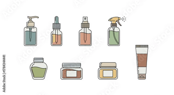 Obraz Collection of cosmetic bottles and containers, including pump dispensers, droppers, spray bottles, jars, and tubes, rendered in a clean, modern flat design style with pastel colors, perfect for