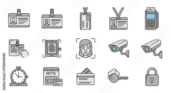 Obraz Collection of vector cartoon illustrations related to employee ID badges, featuring various access control elements like security cameras, fingerprint scanners, facial recognition, time clocks, keys