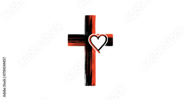Obraz Symbolic Christian Cross with a Heart Overlay, Representing Faith, Love, and Compassion, Rendered with a Textured Brushstroke Effect in Red and Black, Ideal for Religious Themes and Spiritual Graphics