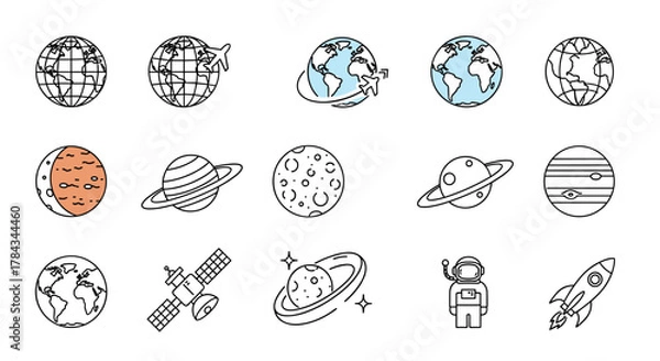 Obraz Collection of thin line icons representing celestial bodies and space exploration, including Earth globes with airplanes, various planets like Saturn and Jupiter, the Moon, a satellite, an astronaut