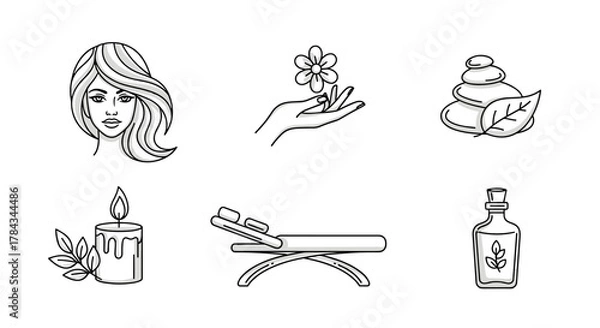 Obraz Collection of line art icons representing beauty and spa treatments, including a woman's face, a hand holding a flower, stacked stones with a leaf, a burning candle with leaves, a massage bed, and a