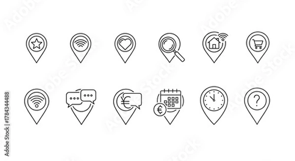 Obraz Collection of minimalistic linear map pin icons, featuring a star, Wi-Fi signal, heart, magnifying glass, house with Wi-Fi, shopping cart, chat bubbles, euro symbol, calendar with euro, clock, and