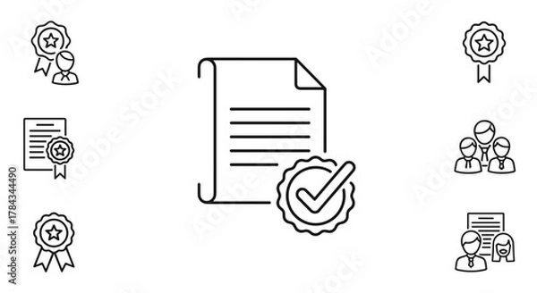 Obraz Line icon set representing quality assurance and business success: certified document with approval seal and checkmark, individual achievement award, team collaboration, and verified contract with
