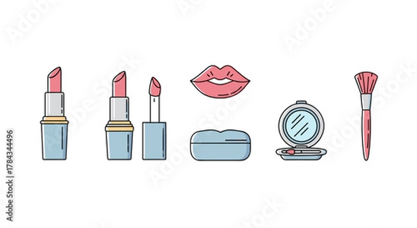 Obraz Set of minimalistic linear icons representing makeup essentials including lipsticks, lip gloss, compact powder, and a makeup brush, designed for web and graphic design applications, social networks