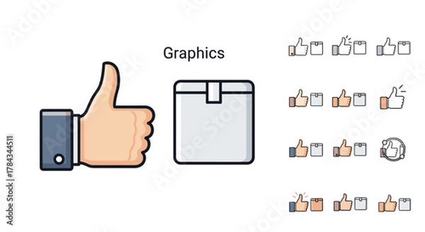 Obraz Minimalistic icon set featuring a thumb-up gesture and a box, representing graphics, apps, and concepts. This vector cartoon illustration on a white background includes various styles and color
