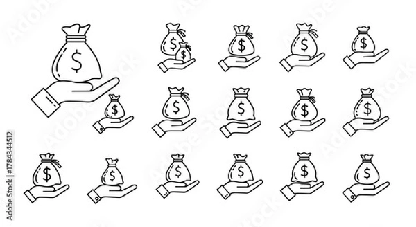 Obraz Collection of line art icons depicting a hand holding a money bag with a dollar sign, symbolizing financial transactions, wealth, and investment opportunities, isolated on a white background for