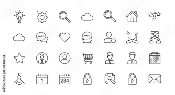 Obraz A comprehensive collection of simple, linear outline icons suitable for web, books, cards, and apps, featuring a white background and editable stroke for versatile graphic design applications