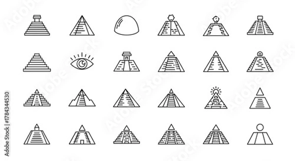 Obraz Collection of Thin Line Icons Representing Pyramids and Ancient Structures, Perfect for Web Sites, Books, Cards, and Apps. Editable Stroke Vector Cartoon Illustrations on a White Background, Evoking