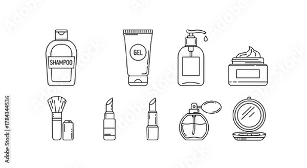 Obraz Set of minimalistic linear icons representing beauty and skincare products, including shampoo bottle, gel tube, lotion dispenser, cream jar, makeup brush, lipsticks, perfume bottle, and compact
