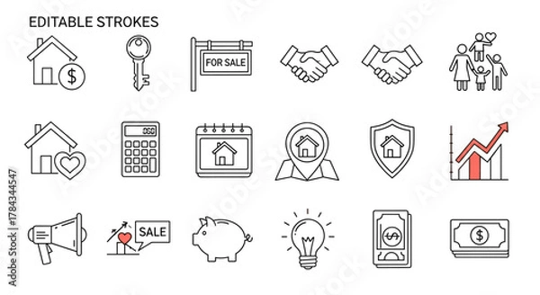 Obraz Editable stroke line icon set for real estate business, including house with dollar sign, key, for sale sign, handshake, family, calculator, calendar, map pin, shield, growth chart, megaphone, piggy