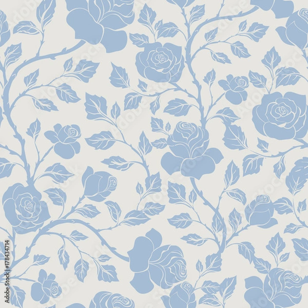 Obraz Seamless floral pattern  with  blue roses. Vector monochrome background for textile, print, wallpapers, wrapping.