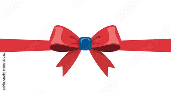 Fototapeta A bright red ribbon bow with a blue knot sits centered on a white background, perfect for gifts, celebrations, and festive designs.