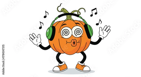 Fototapeta An energetic cartoon pumpkin character with headphones and swirling eyes joyfully dances to music, surrounded by floating musical notes.
