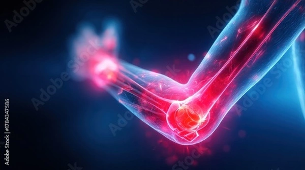 Fototapeta Inflammation of Elbow: An illustration revealing inflamed joints, highlighting the intricate bone structure within the elbow. Depicting the human anatomy with an emphasis on medical conditions.