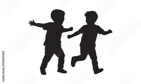 Fototapeta Two Kids Running and Playing Silhouette Illustration