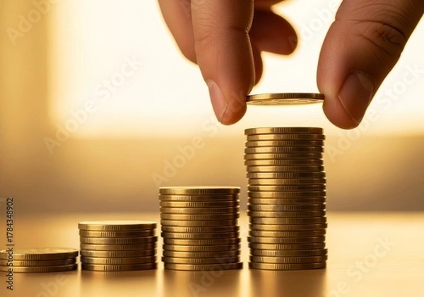 Fototapeta Hand stacking gold coins in growing columns symbolizing financial growth, investment, profit, and successful money management