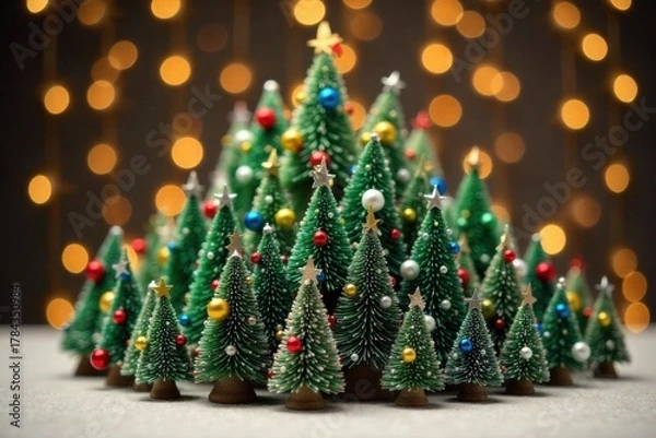 Obraz Festive Christmas Tree Pile A whimsical arrangement of miniature, decorated Christmas trees stacked artistically. A whimsical, artistic arrangement of many small, intricately decorated Christmas trees