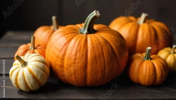 Obraz Autumn s Bounty Pigskin Textured Pumpkins and Gourds on a Rustic Barn Wood Surface A still life composition of several pumpkins and gourds of varying shapes and sizes, all possessing a distinct