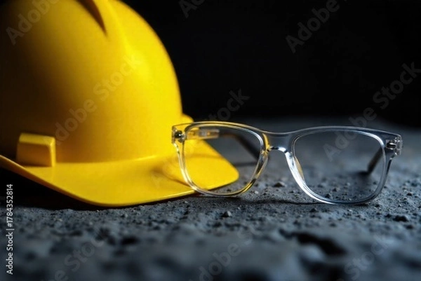 Fototapeta Hard hat and safety glasses on rough hewn rock face in a dimly lit mine shaft A yellow hard hat and clear safety glasses placed on a rough, grey rock surface in a dark, underground mine shaft. Dim,