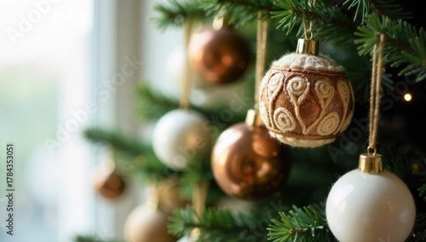 Obraz Close up view of a Christmas tree adorned with handcrafted nativity ornaments, highlighting intricate details. Extreme close up shot of a Christmas tree branch laden with meticulously handcrafted