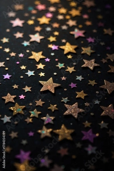 Fototapeta Glistening metallic confetti and star shapes scattered, signifying magical moments and festive party decor. A scattering of glistening metallic confetti and small, shimmering star shapes on a deep,