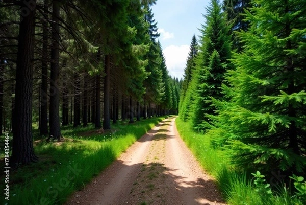 Fototapeta Trekking Trail Through Mountain Forest An empty, winding, rocky trail disappearing into a dense forest of tall evergreen trees. Sunlight filters through the canopy, creating dappled light patterns on