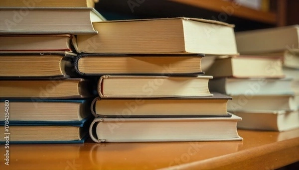 Fototapeta A stack of diverse, well loved books on a wooden table, suggesting shared stories and familial bonding. A close up shot of a diverse stack of books, some showing signs of wear, arranged artfully on a