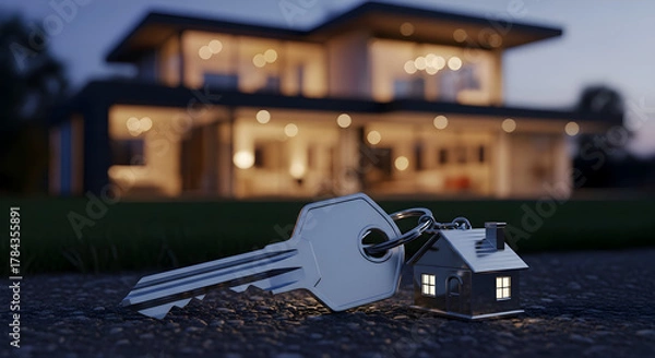 Fototapeta House Keys and Tiny Home Keychain Laying on Ground with Modern Luxury Villa Illuminated at Night, Concept for Home Ownership, Investment, and Mortgage
