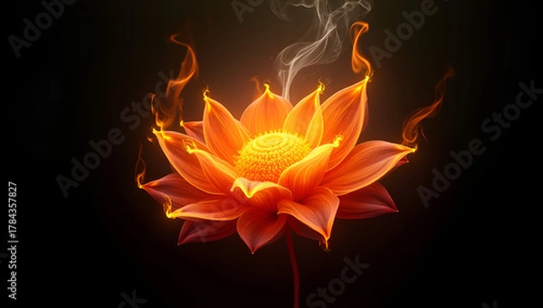 Fototapeta A lotus flower with flames on a black background.