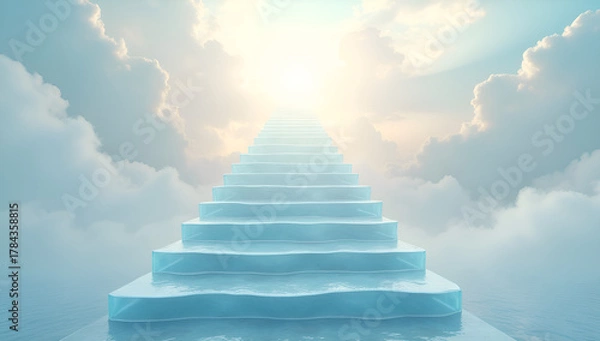 Fototapeta Shimmering ice staircase leading to sky surrounded by clouds symbolizing stairway to heaven.
