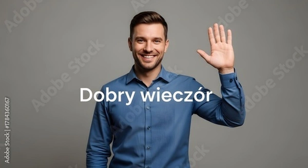 Obraz A smiling man in a blue shirt waving his hand against a plain gray background with the words Dobry wieczór displayed in the center