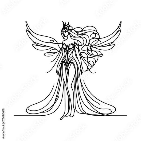 Fototapeta Valkyrie line art — elegant black and white vector of a mythical warrior woman with flowing hair and wings, feminine minimalist illustration in SVG style