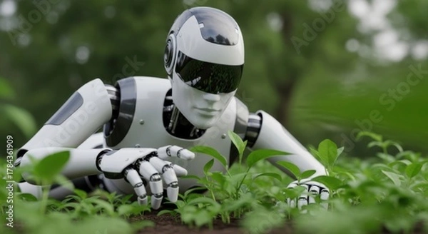 Obraz Agricultural Robot Inspection: White Humanoid Robot Crouching Down to Examine Seedlings and Plants in a Field for Smart Farming and Future Technology