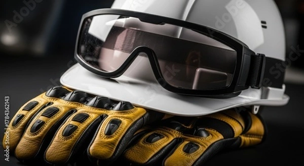 Obraz Construction Safety Gear: Close-up of a White Hard Hat, Protective Goggles, and Yellow Work Gloves for Industrial Safety and Worker Protection