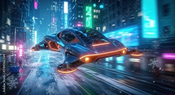 Obraz Futuristic Flying Car: Neon-Lit Hovering Vehicle Speeding Through a Wet, Cyberpunk City Street at Night for Modern Transport and Innovation