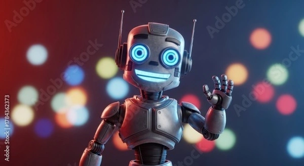 Obraz Friendly Robot Greeting: Close-up of a Cute Metal Robot with a Smiling Face and Blue Glowing Eyes Waving Hello for AI, Technology, and Customer Service