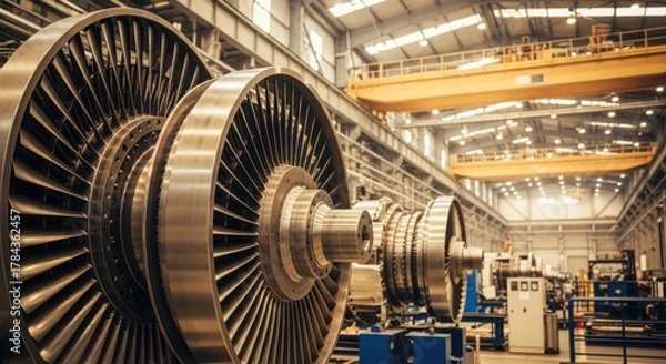 Obraz Industrial Turbine Manufacturing: Close-up of Large Metal Turbine Rotors and Blades in a Factory or Power Plant for Engineering and Heavy Industry