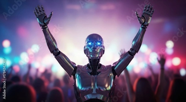 Obraz AI Robot Celebration: Robot Figure with Glowing Blue Eyes Raising Hands in a Crowd Against a Neon-Lit Background for Technology and Human Interaction