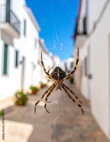 Fototapeta A close-up shot of a spider on its web, with a blurred street of white buildings and blue sky background