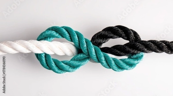 Fototapeta Three thick ropes intertwined in white, teal, and black colors with knots, set against a light grey background,