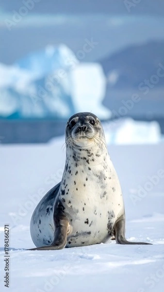 Fototapeta A close-up shot of a spotted seal sitting upright on a snow-covered surface with a blurred iceberg and sky backdrop