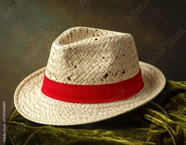 Obraz A close-up shot of a straw fedora hat, with a vibrant red band, set against a dark, textured background and velvet cloth