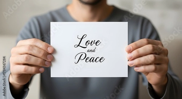 Obraz A person holding a white card with the words 'Love and Peace' written in elegant black script, symbolizing harmony and kindness in a simple and peaceful setting