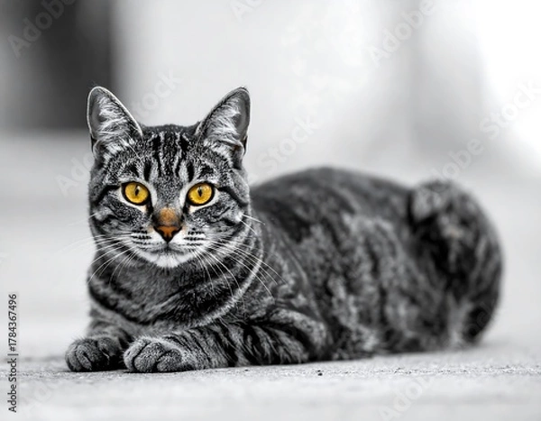Fototapeta A close-up shot of a striped domestic cat with vibrant yellow eyes, resting peacefully on a blurred background