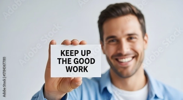 Fototapeta A smiling young man with a friendly expression holding a sign that says 'Keep Up the Good Work' in a bright, modern setting to motivate and inspire positivity