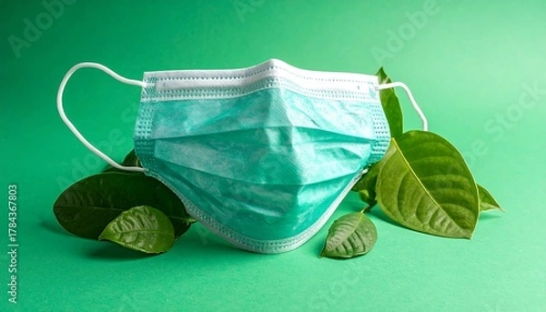 Fototapeta A close-up shot of a surgical mask resting amongst vibrant green leaves against a matching green backdrop, creating a nature-inspired composition
